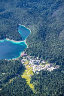 Detailed view of islands and forest at the Eibsee lake, Bavaria, Germany