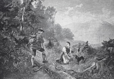 Summer day, hunter meets a woman with a dachshund having a picnic at the edge of the forest, 1895,