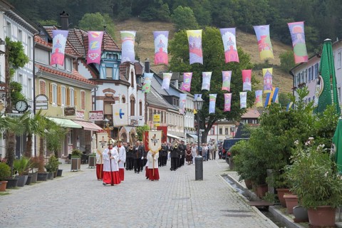 Traditional procession, catholic parade, celebration, group of people marching, Wolfach, Ortenau,