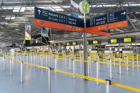 Cologne-Bonn Airport, Terminal 2, empty departure halls, check-in counters, during the warning