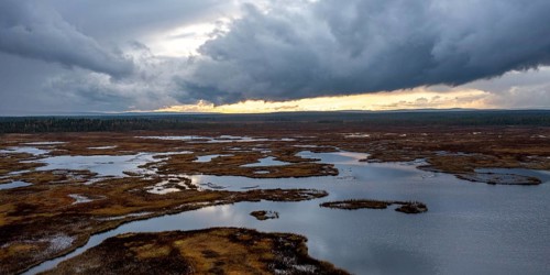 Sunset, drone shot, aerial view, lakes, moor landscape, Lapland, Finland