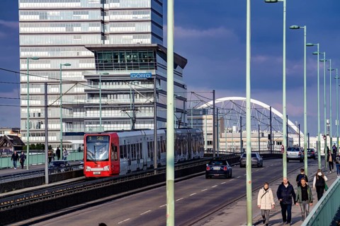 Kennedyufer in Cologne Deutz, on the Rhine, Lanxess Tower, administration building, tram on the