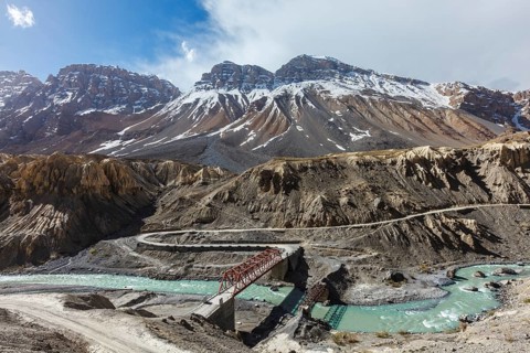 Bridge over Spiti river in Himalayas. Spiti Valley. Himachal Pradesh, India