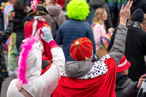 Rose Monday parade in Düsseldorf, spectators, in costumes, at the street carnival, North