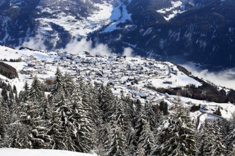The Serfaus, Fiss, Ladis ski area in winter 2018. The village in the background is Fiss