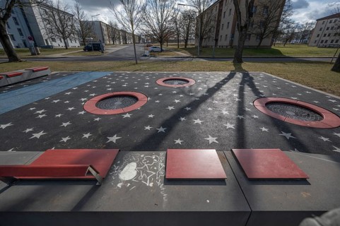 Playground with integrated trampolines on the site of the former American Leighton Barracks, now