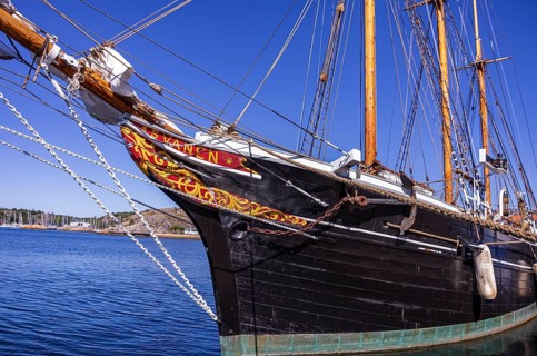 The three-masted schooner SS SVANEN is moored at the quay in the harbour of Strömstad in Bohuslän,