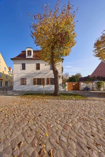 Autumnal tree, cobblestone street, residential building, blue cloudless sky, Lindenstraße, Mühlberg