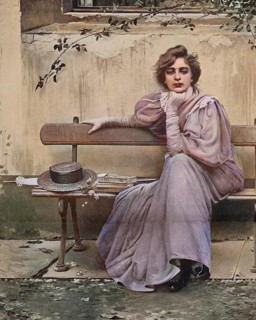 Pretty woman with a dreamy look sitting on a bench, Historical, digital reproduction of an original