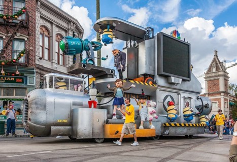 Despicable Me characters on parade float at Universal Studios theme park in Orlando, Florida, USA