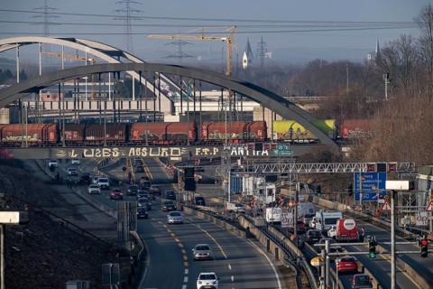 Traffic jam on the A43 motorway near Herne, heading north, in front of the barrier system, the