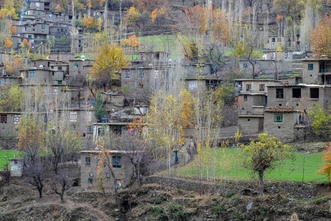 View of an Afghan village on the Panj River, Gorno-Badakhshan Province, Tajikistan, Central Asia