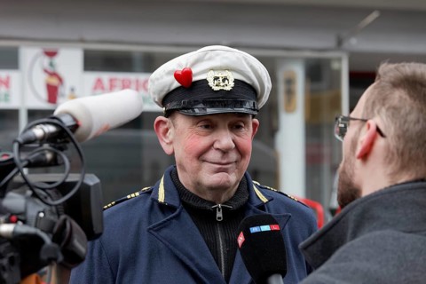 Wagenmaker Jacques Tilly interviewed on the Düsseldorf Rose Monday train, Düsseldorf, North
