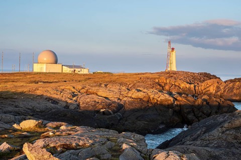 Lighthouse and NATO radar station at Stokksnes, east of Höfn, East Fjords, Iceland