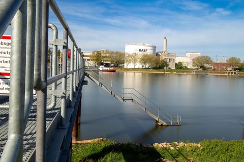 11 April 2024: View of BASF in Ludwigshafen with the Rhine in the foreground