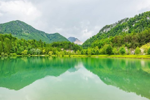 Landscape of Lake Elisabethsee on a rainy day in spring, Austria