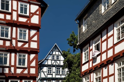 Half-timbered houses in the historic old town, Marburg an der Lahn, Hesse, Germany