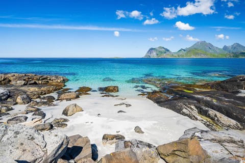 Beach at Myrland, coast and mountains, Flakstadoya, Lofoten, Norway