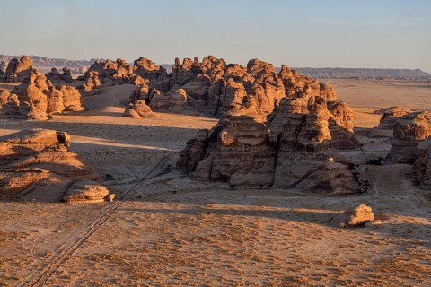 Rock landscape at Jabal Ithlib, blue hour, aerial view, Hegra or Mada'in Salih, AlUla region,