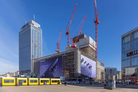 View of Alexanderplatz in Berlin by tram. Covivio Tower construction site. Berlin, Germany