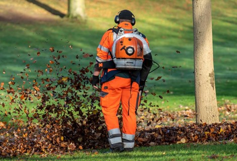 Leaf blower, removal of autumn leaves in a municipal park, Duisburg, North Rhine-Westphalia,