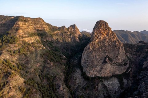 Roque de Agando rock tower at sunrise, Monumento Natural de los Roques, La Gomera, Canary Islands,