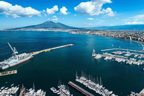 View of Castellammare di Stabia and Mount Vesuvius from a drone, Naples, Italy
