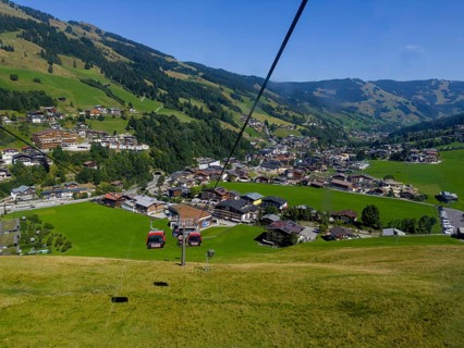 Tyrolean mountains near Saalbach-Hinterglemm, 12er Kogel cable car with view of Saalbach, Tyrol,