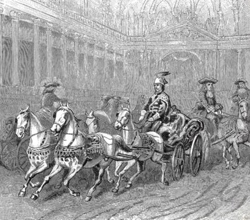 In the Vienna Winter Riding School around 1895, soldiers practising the carousel, four-in-hand with