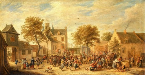 A carnival with cheerful villagers in the market square, painting by David Teniers (baptised 15