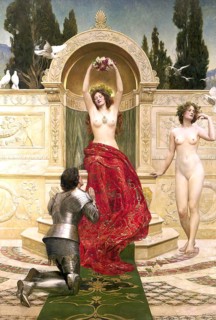 A man in armour kneels in front of two naked woman, one with a red cloth and the other naked, with