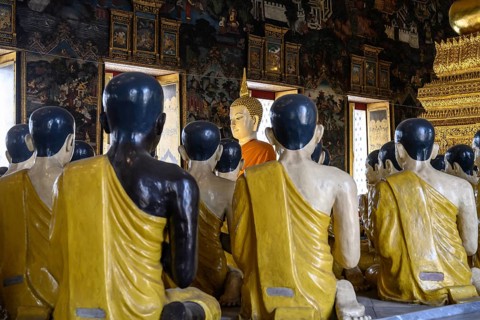 Bangkok, Thailand. February 20th 2025. Around 80 colourful plaster statues of Buddha disciples sit