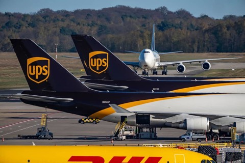 Cologne-Bonn Airport, CGN, UPS Boeing 747 freighter rolls after landing to the UPS Logisic Hub,
