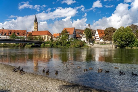 Danube beach and town view, Lauingen Danube, Bavaria, Germany