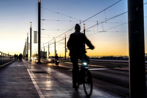 Traffic on the Kennedy Bridge, middle of the 3 Rhine bridges in Bonn, connects the centre of Bonn