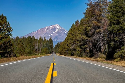 Bartle, California - Mt. Shasta from California Highway 89. The road is part of the Volcanic Legacy