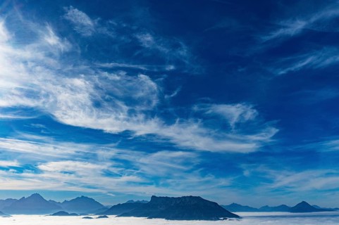 View from Schwarzenberg to a sea of fog in the Salzach valley with Untersberg, Osterhorn group,