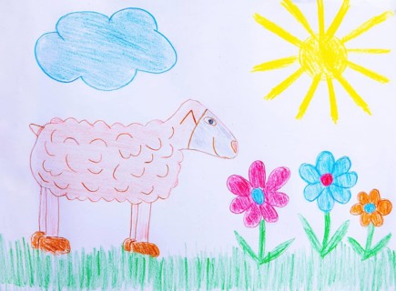 Naive illustration, sheep standing in a flower meadow, sunshine and clouds