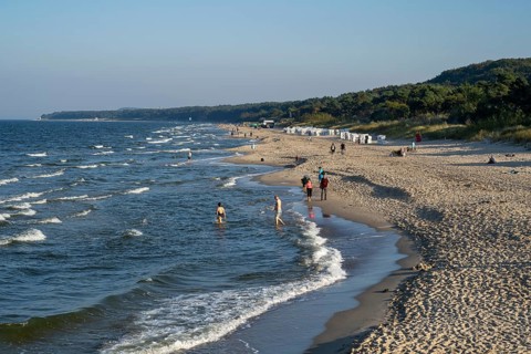 Tourists on the sandy beach, Baltic resort Zinnowitz, Usedom Island, Baltic Sea,