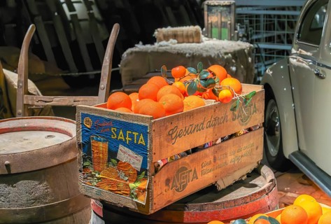 Box of oranges is in the hold of the former freighter Cap San Diego, museum ship in the Port of