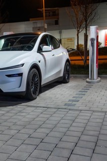 Tesla charging at night at a charging station in a paved parking lot, Tesla, Leonberg, Germany