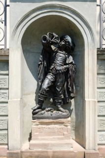 Trumpeter statue at Schönau Castle, Castle Park, Bad Säckingen, Black Forest, Baden-Württemberg,