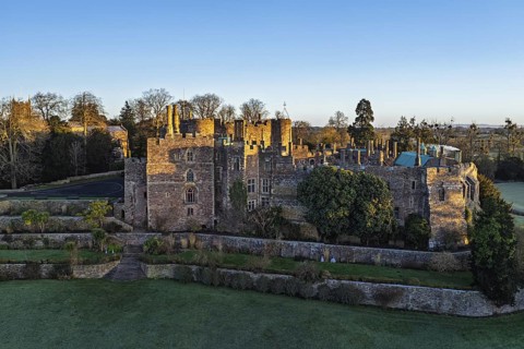 Berkeley Castle from a drone, Berkeley, Cotswolds, Gloucestershire, England, United Kingdom