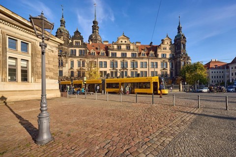 Residenzschloss, architectural styles Renaissance and Neo-Renaissance, tram stop Theaterplatz with