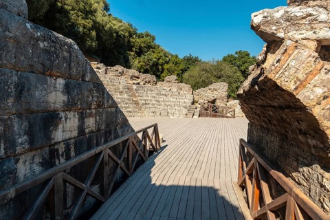Entrance to the theater and amphitheater in the archaeological ruins of the Butrint or Butrinto