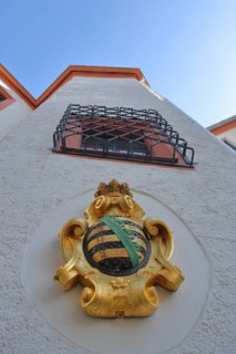 Golden Saxon coat of arms and window with lattice at the tower of the castle with view upwards,