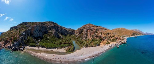 Drone shot, Preveli Beach at the end of the Kourtaliatiko Gorge, south coast, Crete, Greece