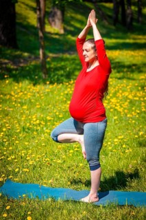 Pregnancy yoga exercise, pregnant woman doing asana vrikshasana tree pose outdoors on grass lawn