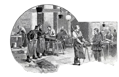 Manufacture of dynamo machines at Berliner Elektrizitätswerke, 1890, Germany, illustration,