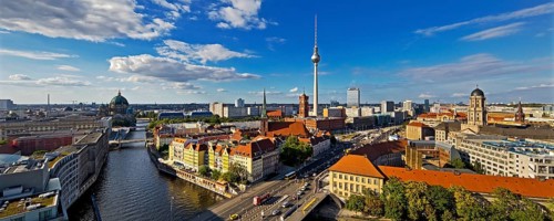 City panorama with Spree, Cathedral, Nikolai Quarter, Red Town Hall, TV Tower and Old Town House,